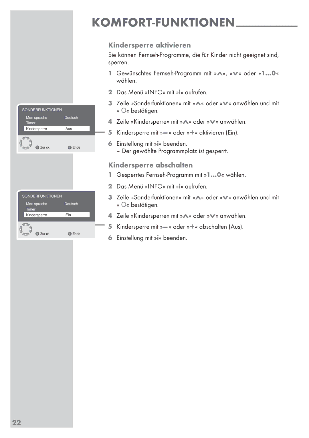 Grundig 32 GLX 6951 manual Komfort-Funktionen Kindersperre aktivieren, Kindersperre abschalten, 22­ 