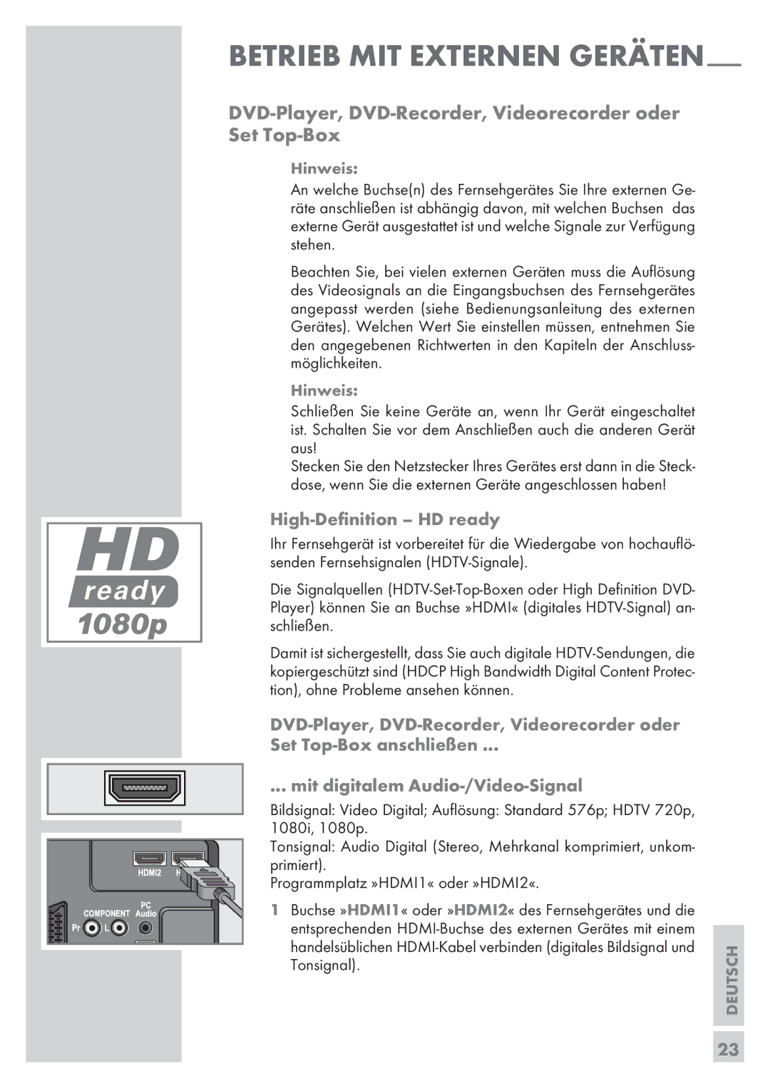 Grundig 32 GLX 6951 manual DVD-Player, DVD-Recorder, Videorecorder oder Set Top-Box, High-Definition HD ready, 23­ 