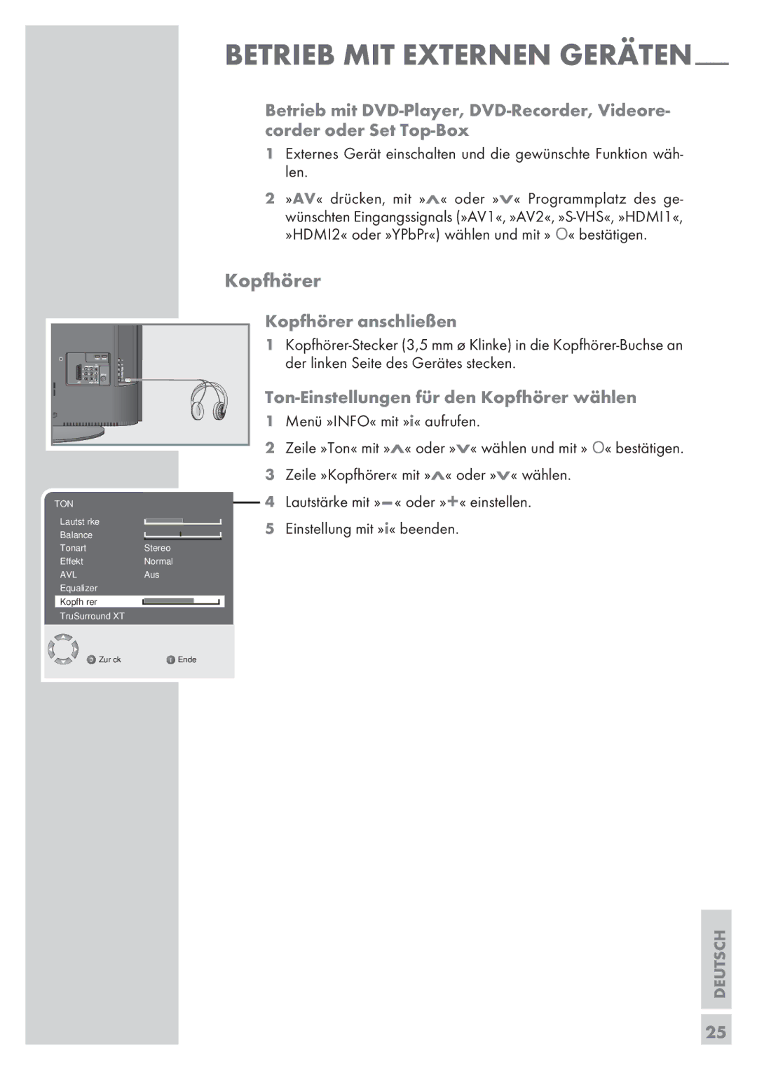 Grundig 32 GLX 6951 manual Kopfhörer anschließen, Ton-Einstellungen für den Kopfhörer wählen, 25­ 