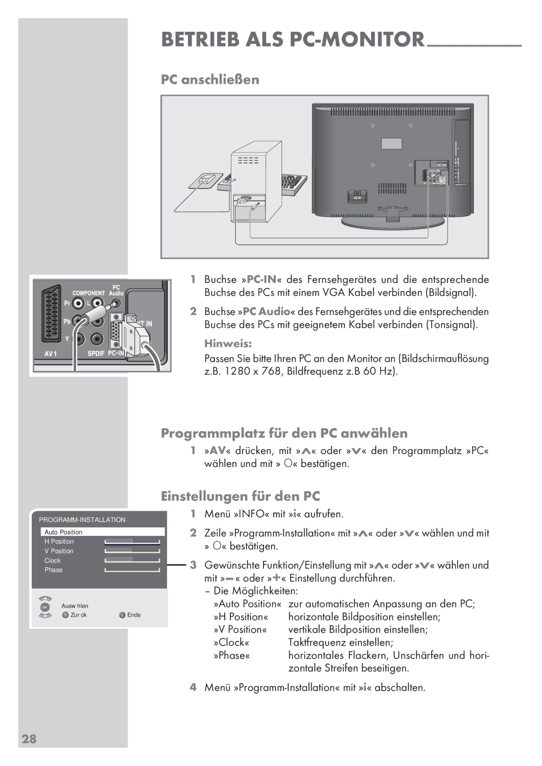 Grundig 32 GLX 6951 manual PC anschließen, Programmplatz für den PC anwählen, Einstellungen für den PC, 28­ 