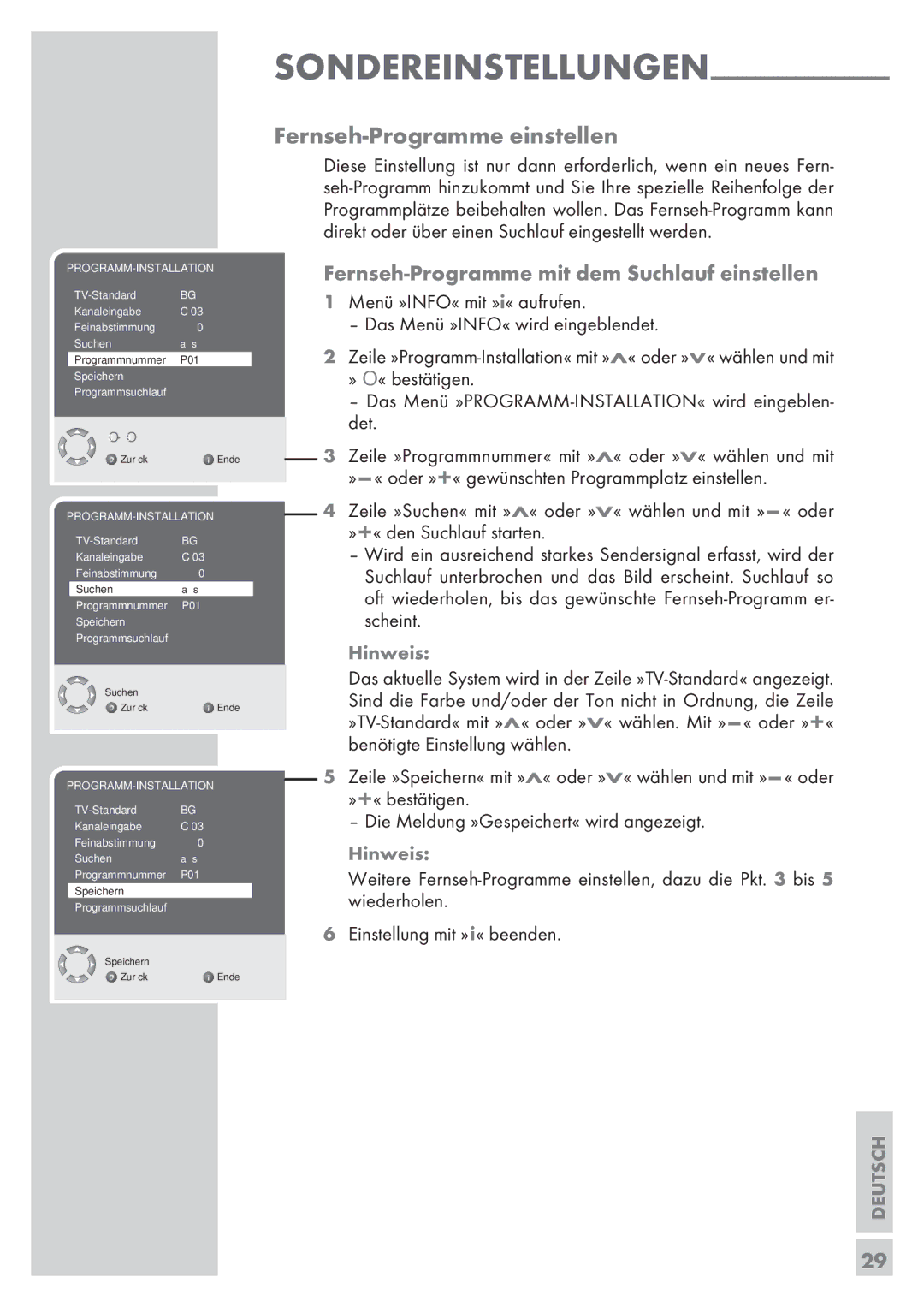 Grundig 32 GLX 6951 Fernseh-Programme einstellen, Sondereinstellungen, Fernseh-Programme mit dem Suchlauf einstellen, 29­ 