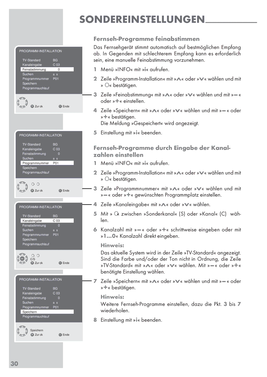 Grundig 32 GLX 6951 manual Sondereinstellungen Fernseh-Programme feinabstimmen, 30­ 