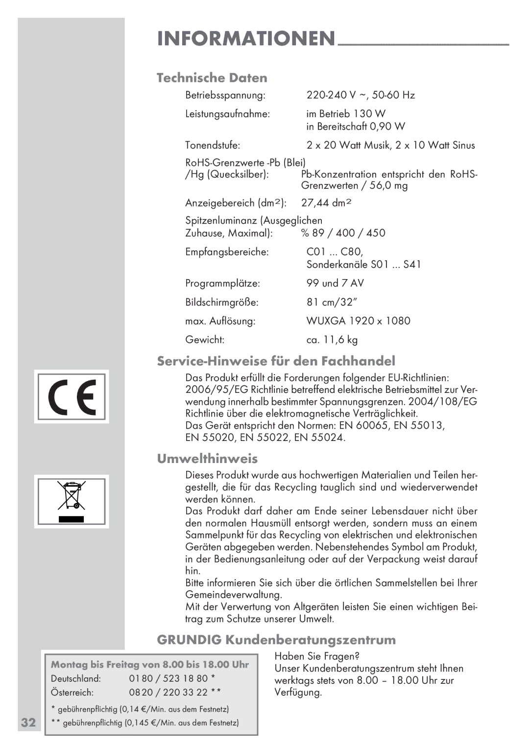 Grundig 32 GLX 6951 Technische Daten, Service-Hinweise für den Fachhandel, Umwelthinweis, Grundig Kundenberatungszentrum 