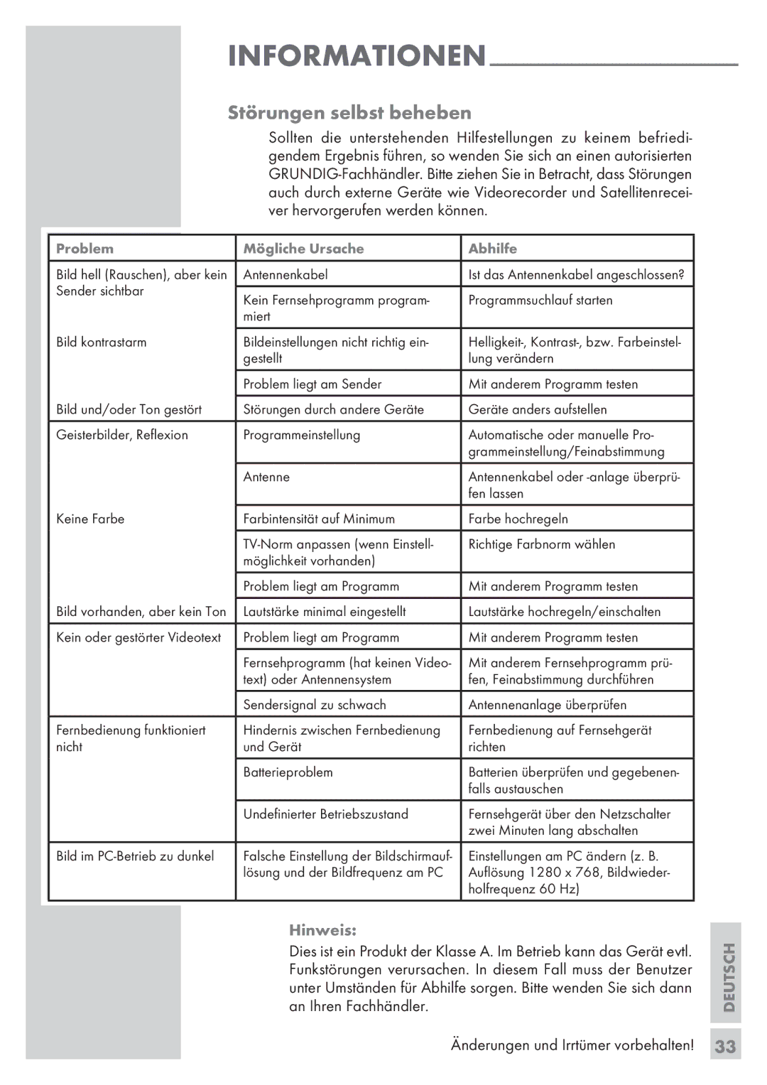 Grundig 32 GLX 6951 manual Störungen selbst beheben, 33­ 