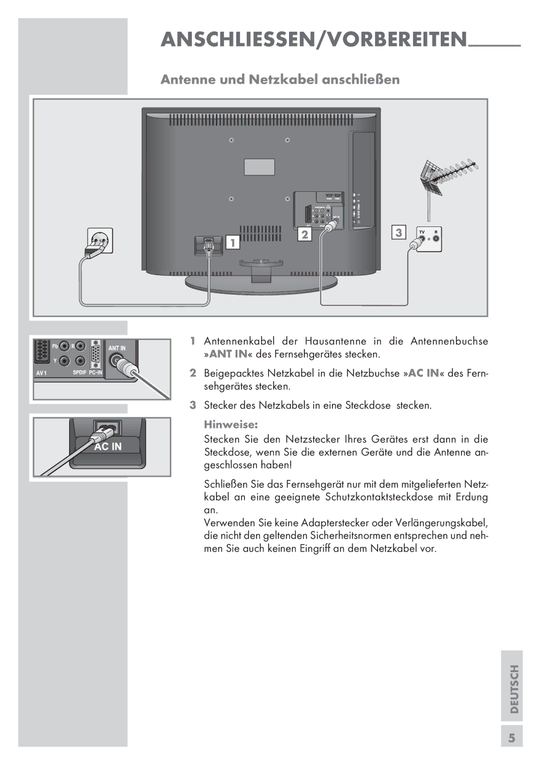 Grundig 32 GLX 6951 manual Anschliessen/Vorbereiten, Antenne und Netzkabel anschließen 