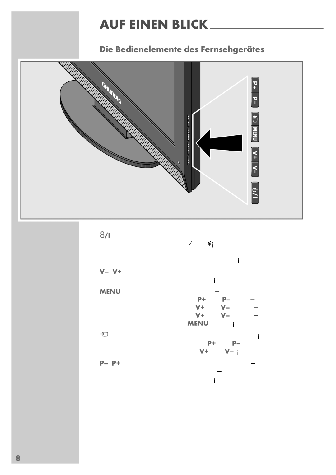 Grundig 32 GLX 6951 manual Die Bedienelemente des Fernsehgerätes, Menu 