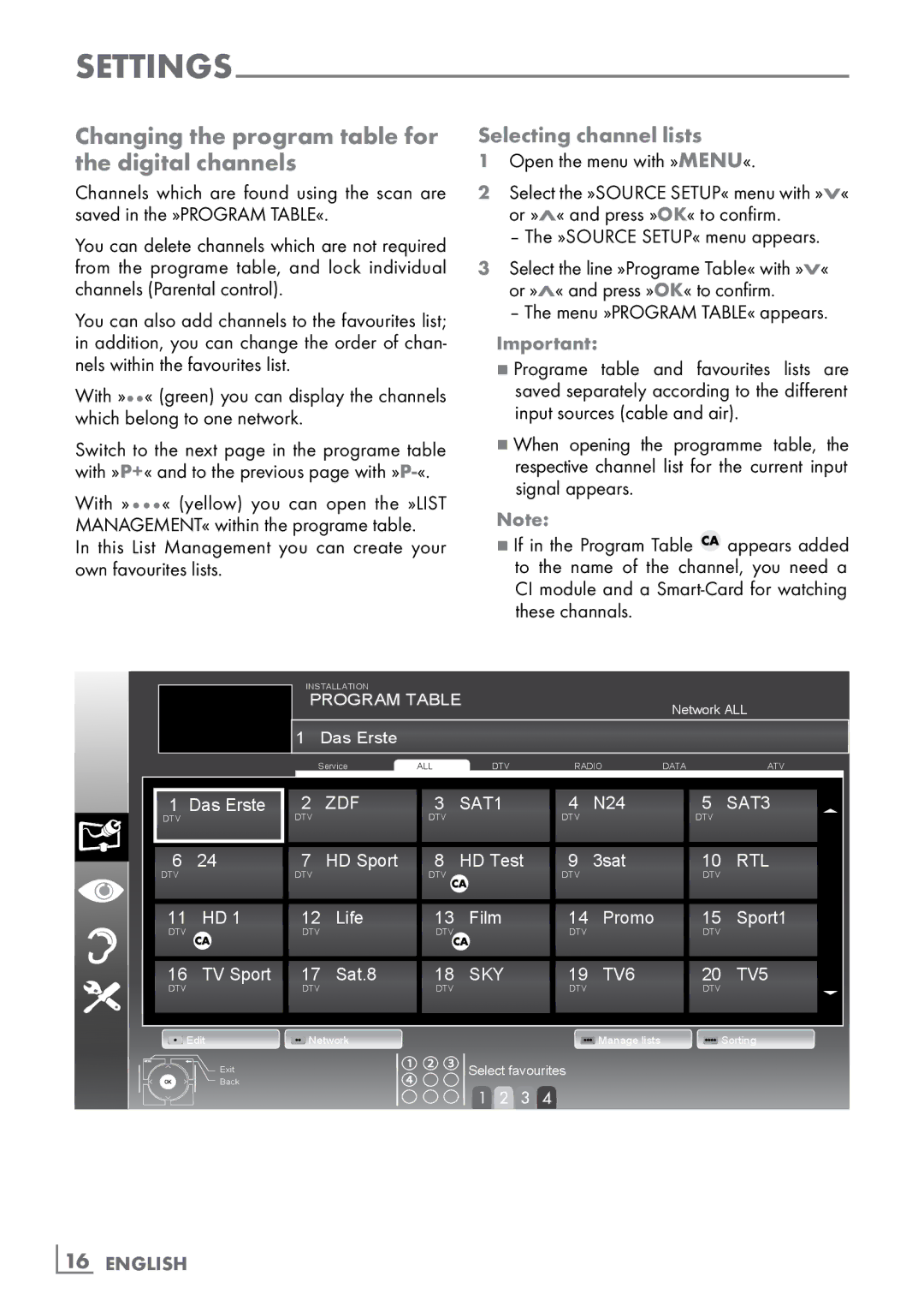 Grundig 32 VLC 6110 C manual Changing the program table for the digital channels, Selecting channel lists 