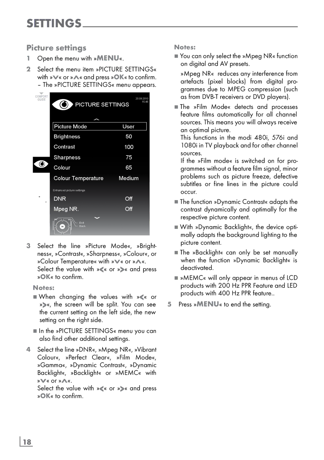 Grundig 32 VLC 6110 C manual Picture settings, Setting­ on the right side, As from DVB-T receivers or DVD players­ 