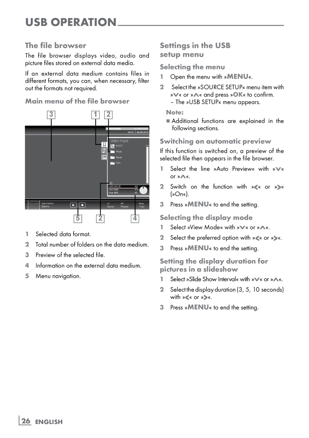 Grundig 32 VLC 6110 C manual File browser, Settings in the USB ­ setup menu 