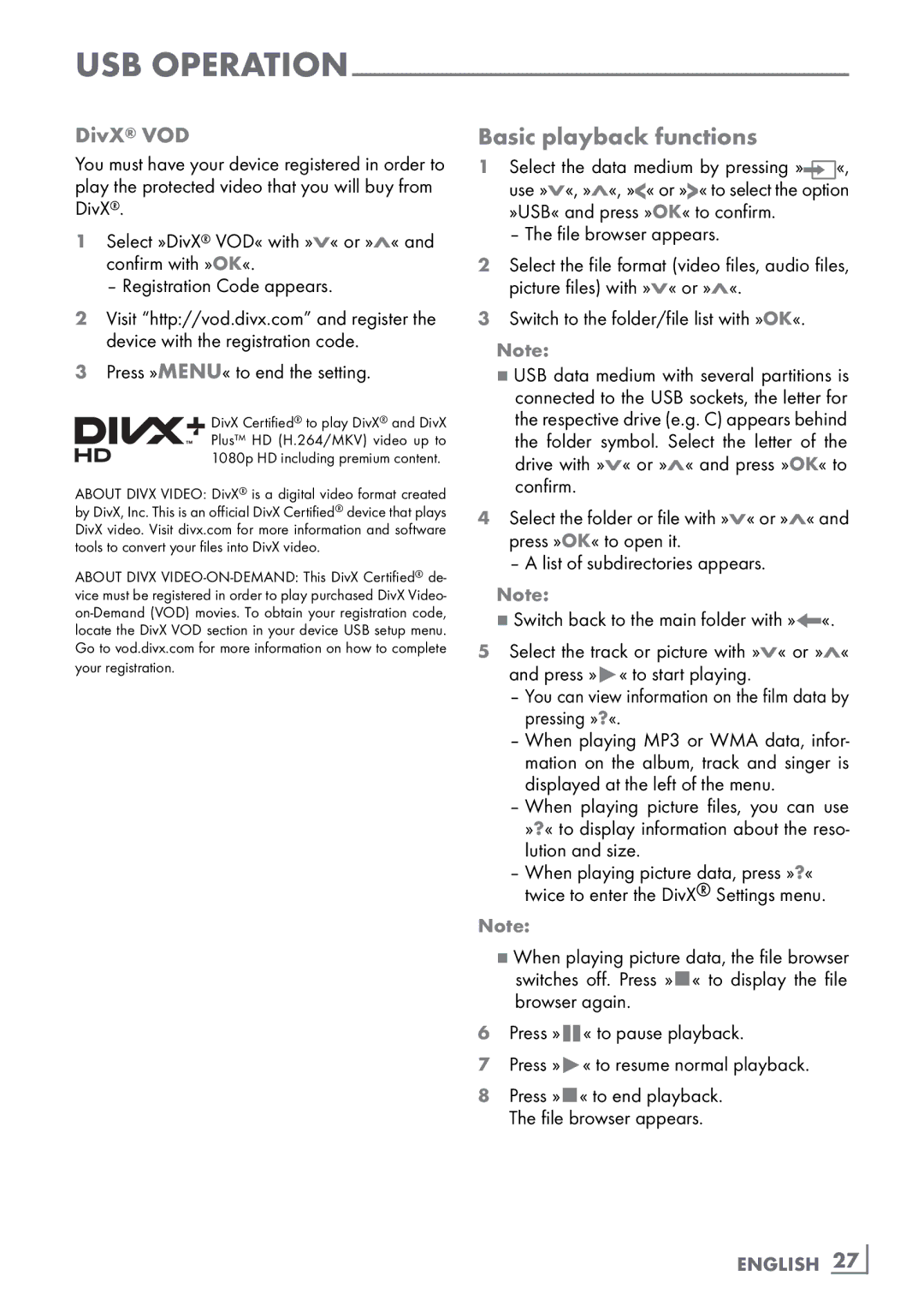 Grundig 32 VLC 6110 C manual Basic playback functions, DivX VOD 