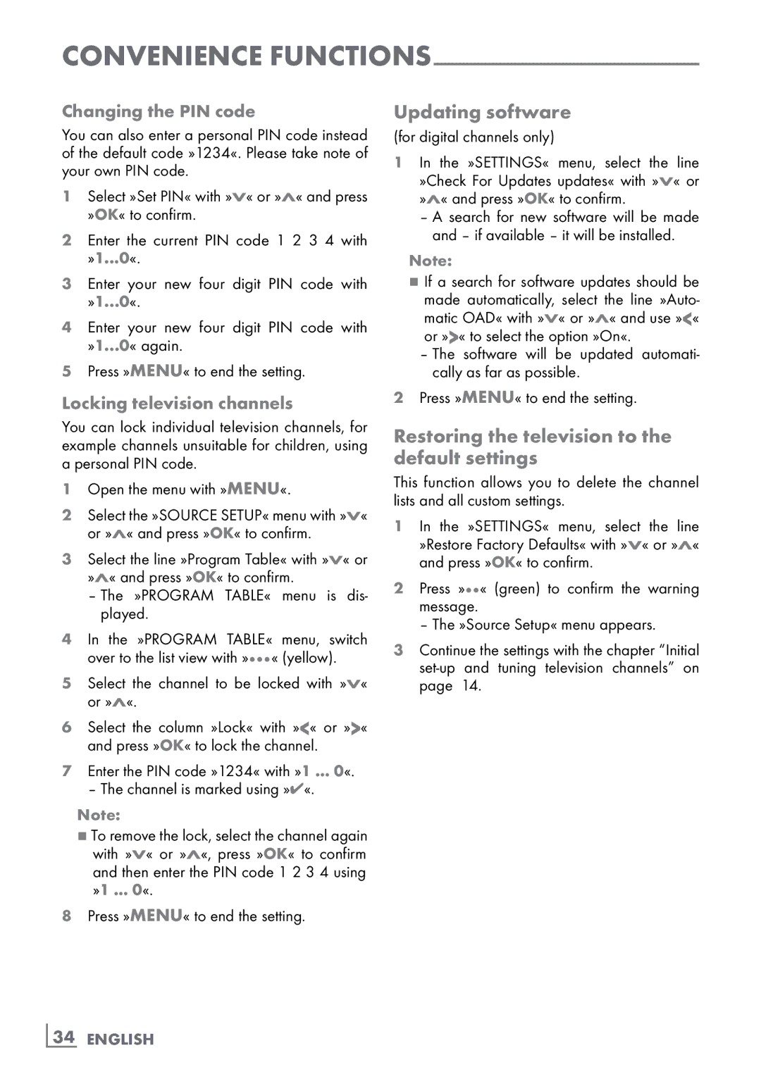 Grundig 32 VLC 6110 C Updating software, Restoring the television to the default settings, Locking television channels 