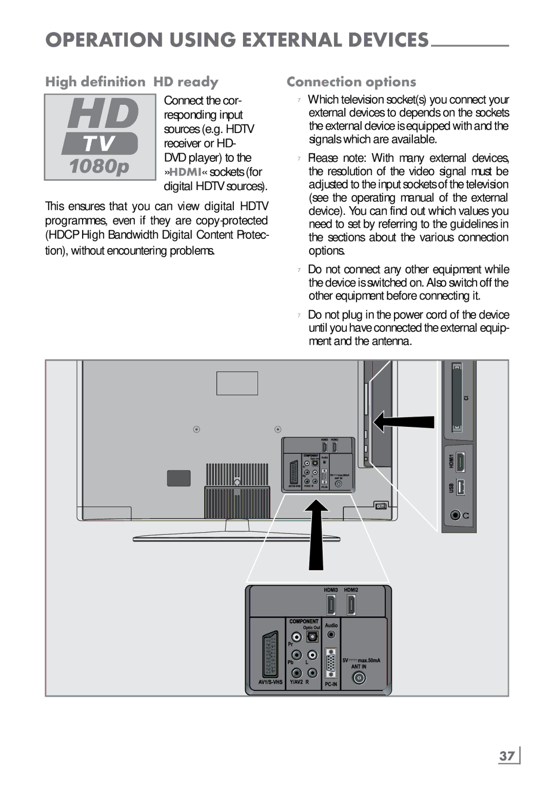 Grundig 32 VLC 6110 C manual High definition ­HD ready Connection options, This ensures that you can view digital Hdtv 