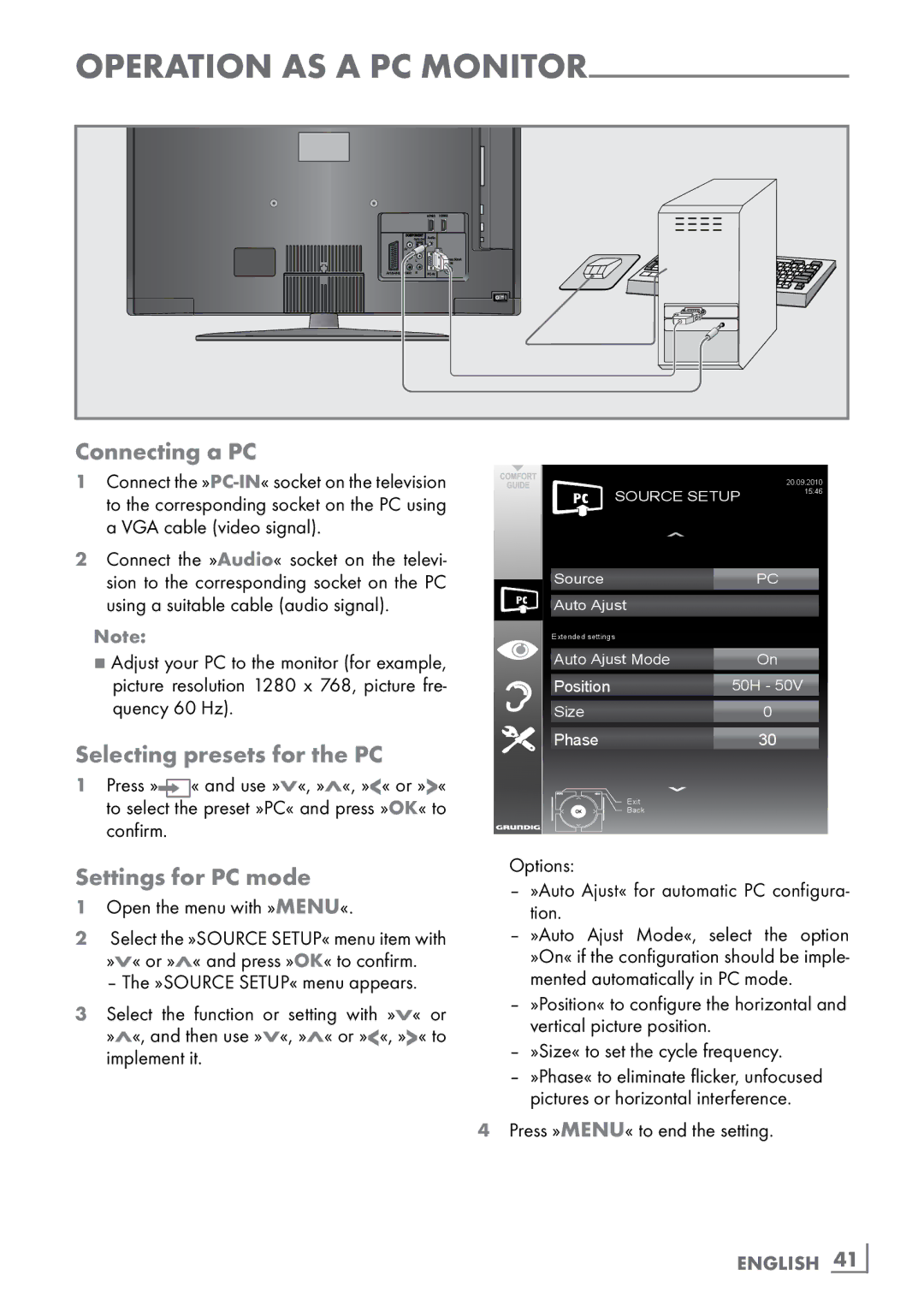 Grundig 32 VLC 6110 C manual Connecting a PC, Selecting presets for the PC, Settings for PC mode 