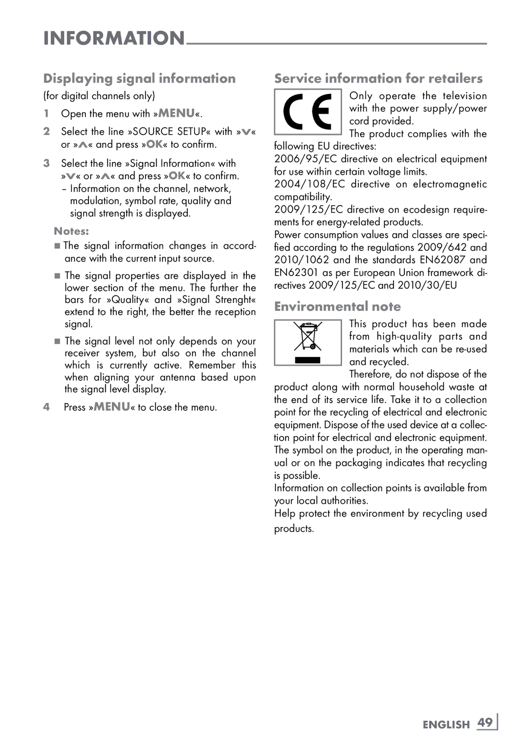 Grundig 32 VLC 6110 C manual Displaying signal information, Service information for retailers, Environmental note 