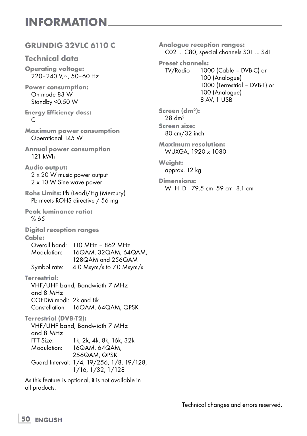 Grundig 32 VLC 6110 C manual Technical data 