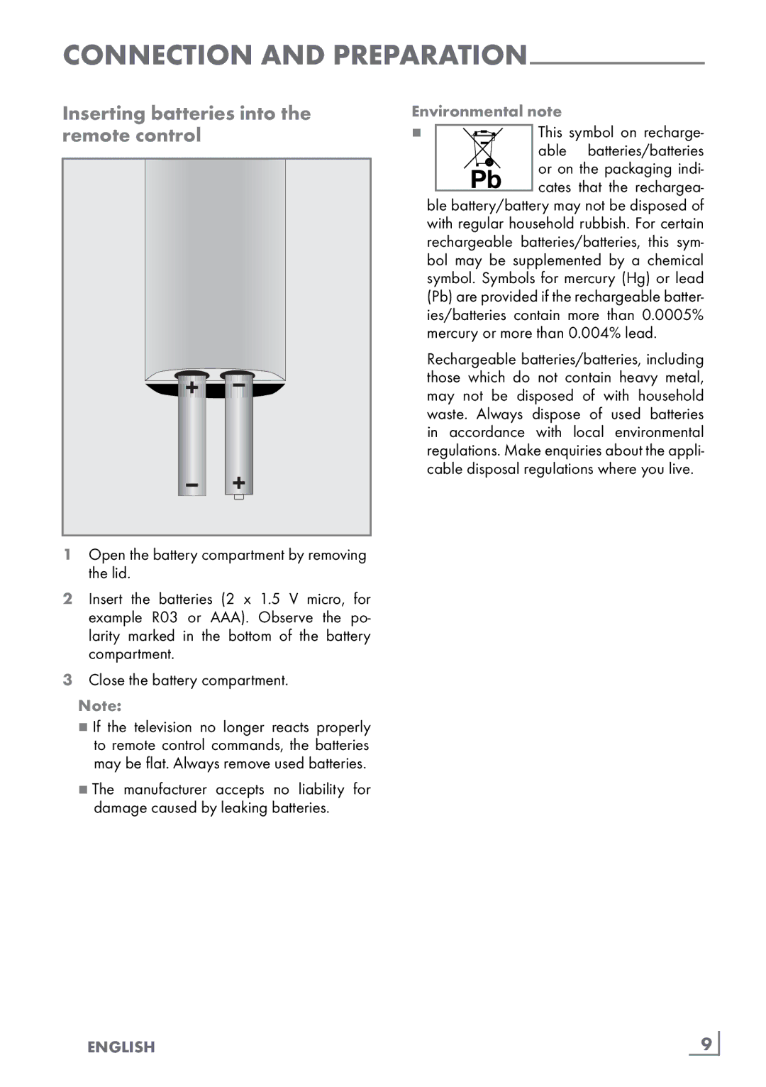 Grundig 32 VLC 6110 C manual Inserting batteries into the ­remote control, Open the battery compartment by removing the lid 