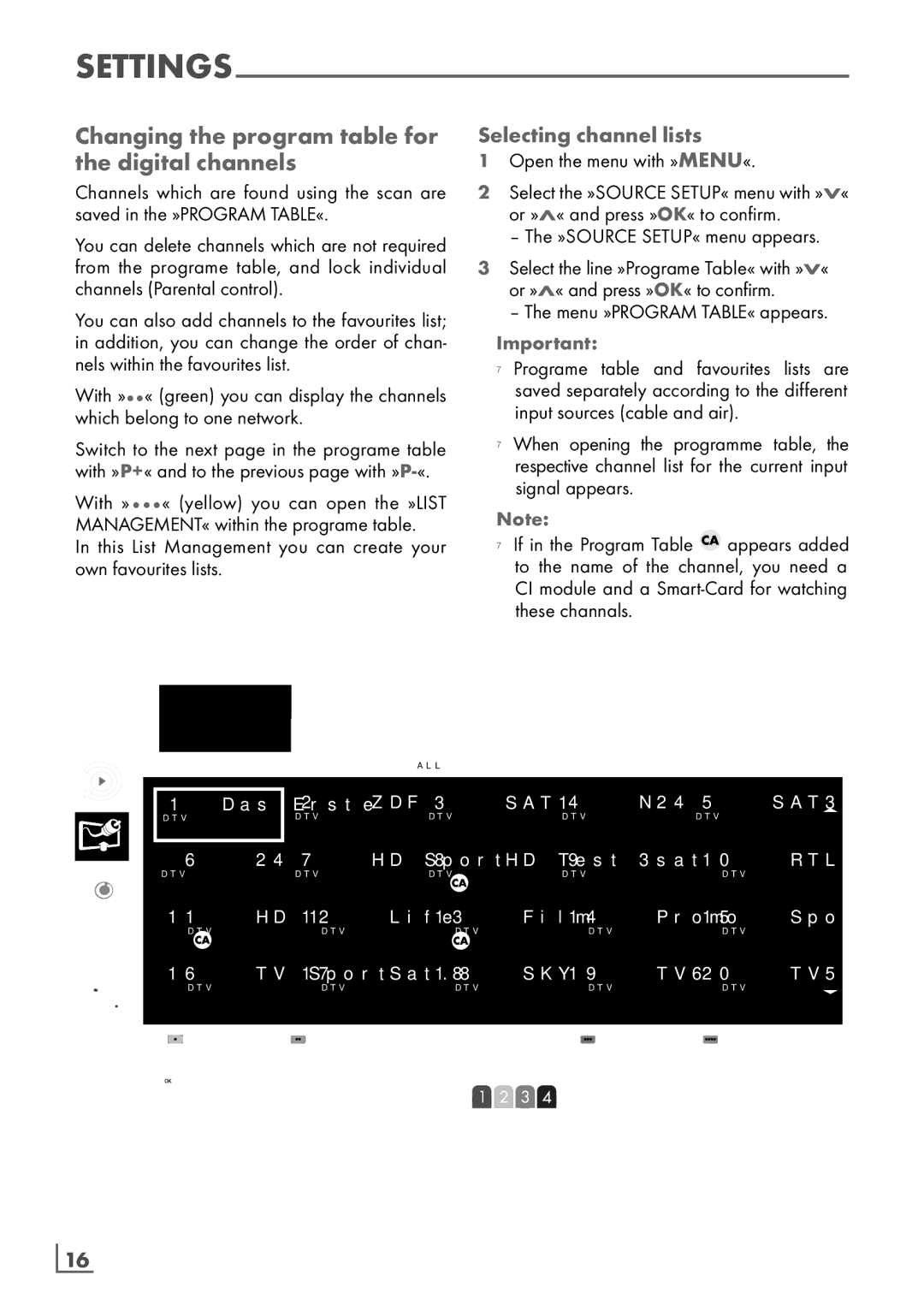 Grundig 32 VLC 6121 C manual Changing the program table for the digital channels, Selecting channel lists 