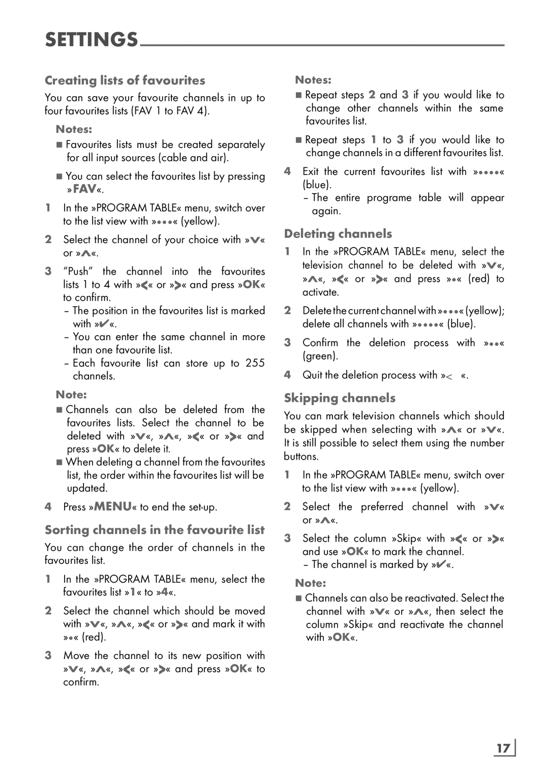 Grundig 32 VLC 6121 C Creating lists of favourites, » Fav«, Sorting channels in the favourite list, Deleting channels 