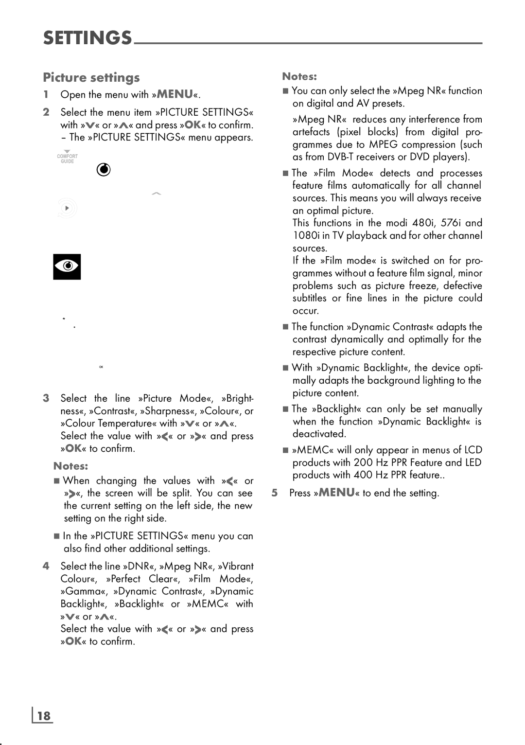 Grundig 32 VLC 6121 C manual Picture settings, Setting­ on the right side, As from DVB-T receivers or DVD players­ 