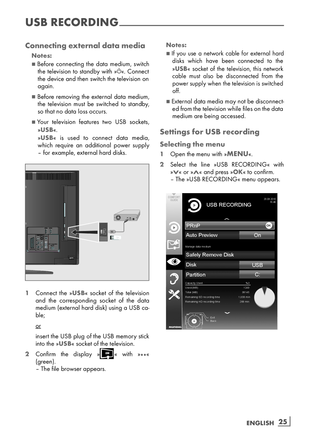 Grundig 32 VLC 6121 C manual Connecting external data media, Settings for USB recording, Selecting the menu 