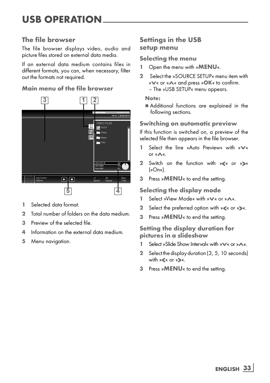 Grundig 32 VLC 6121 C manual File browser, Settings in the USB ­ setup menu, Main menu of the file browser 