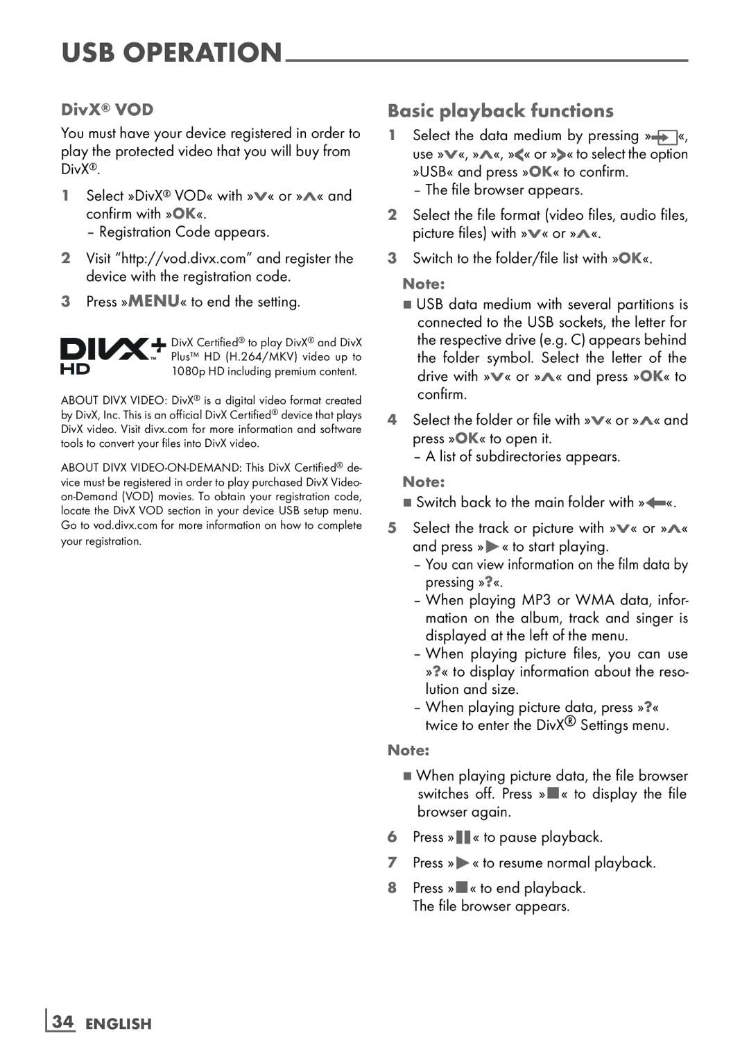 Grundig 32 VLC 6121 C manual Basic playback functions, DivX VOD 