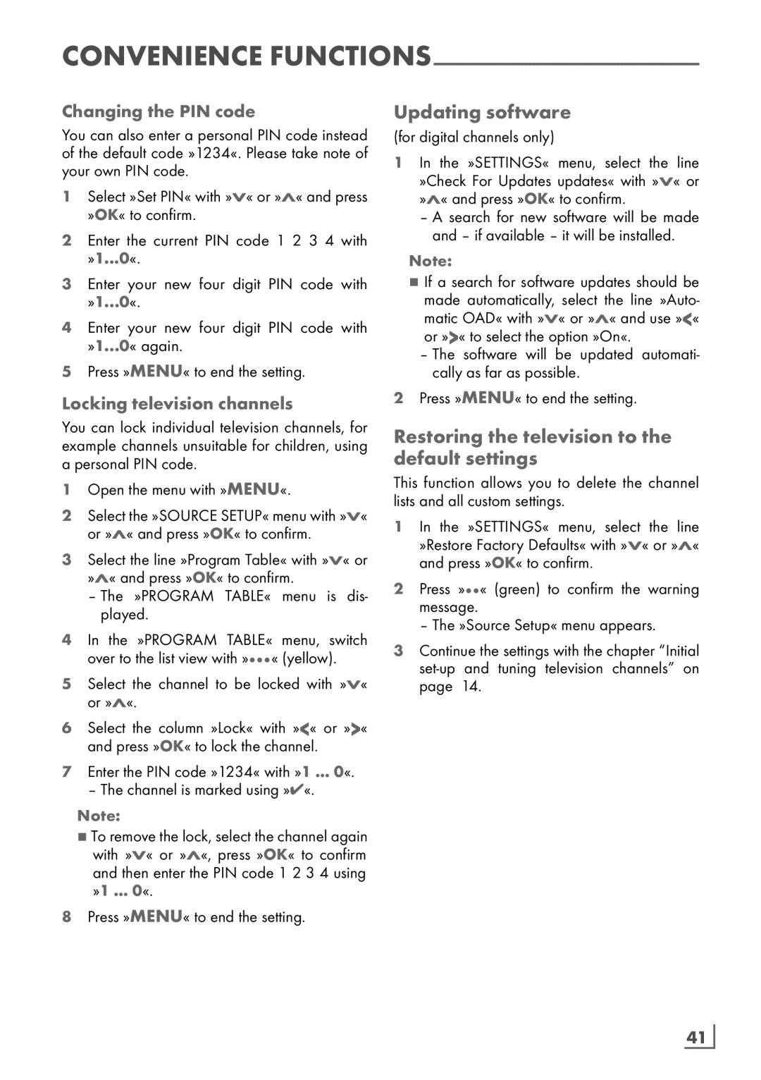 Grundig 32 VLC 6121 C Updating software, Restoring the television to the default settings, Locking television channels 