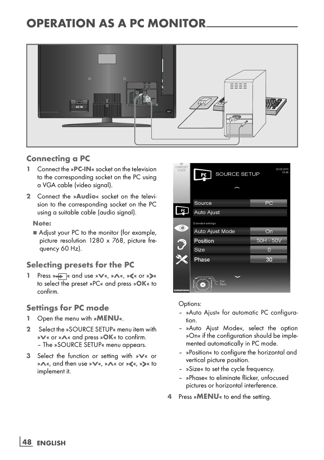 Grundig 32 VLC 6121 C manual Connecting a PC, Selecting presets for the PC, Settings for PC mode 