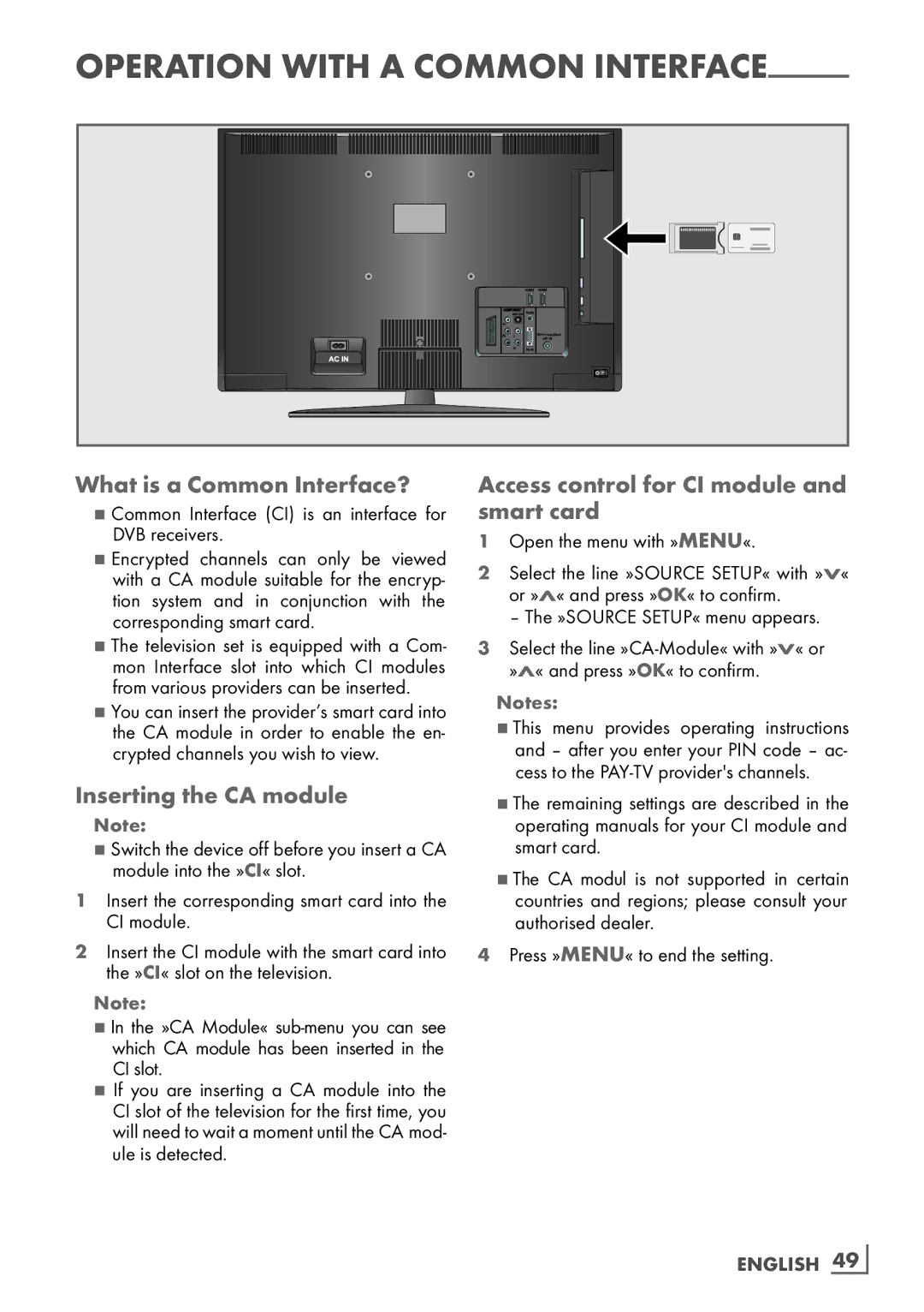 Grundig 32 VLC 6121 C What is a Common Interface?, Inserting the CA module, Access control for CI module and smart card 