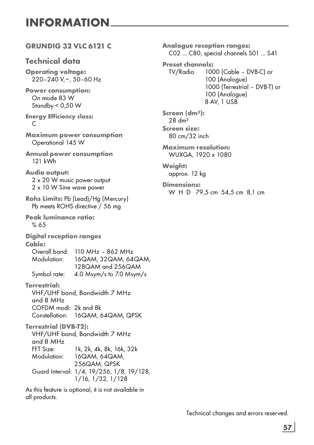 Grundig 32 VLC 6121 C manual Technical data 