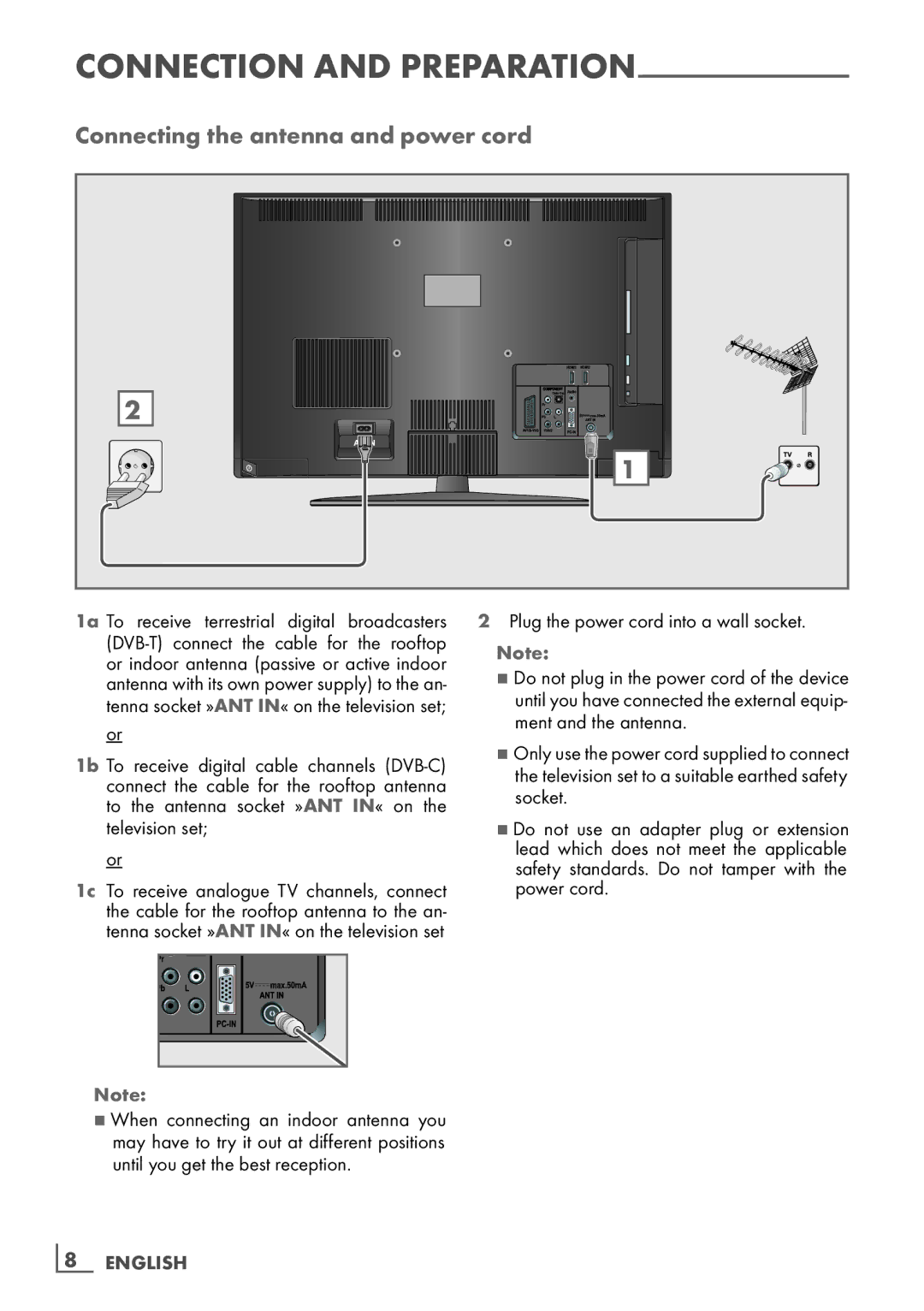 Grundig 32 VLC 6121 C manual Connecting the antenna and power cord, Connection and preparation 