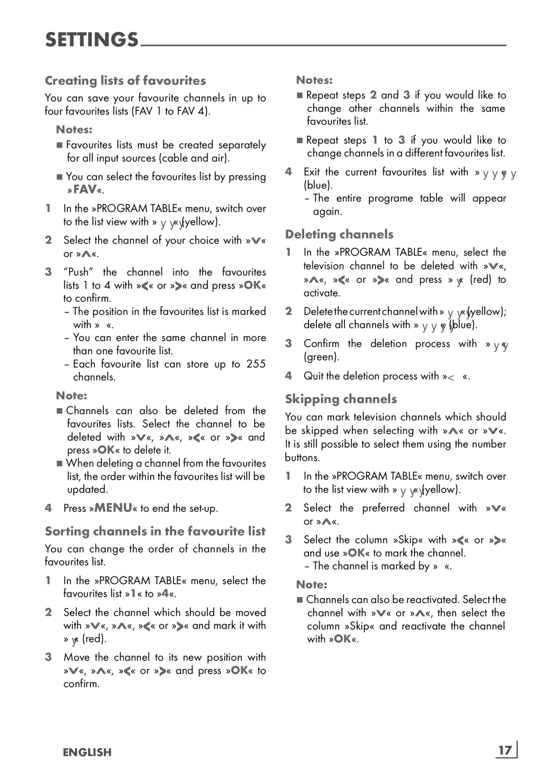 Grundig 32 VLD 4201 BF Creating lists of favourites, » Fav«, Sorting channels in the favourite list, Deleting channels 