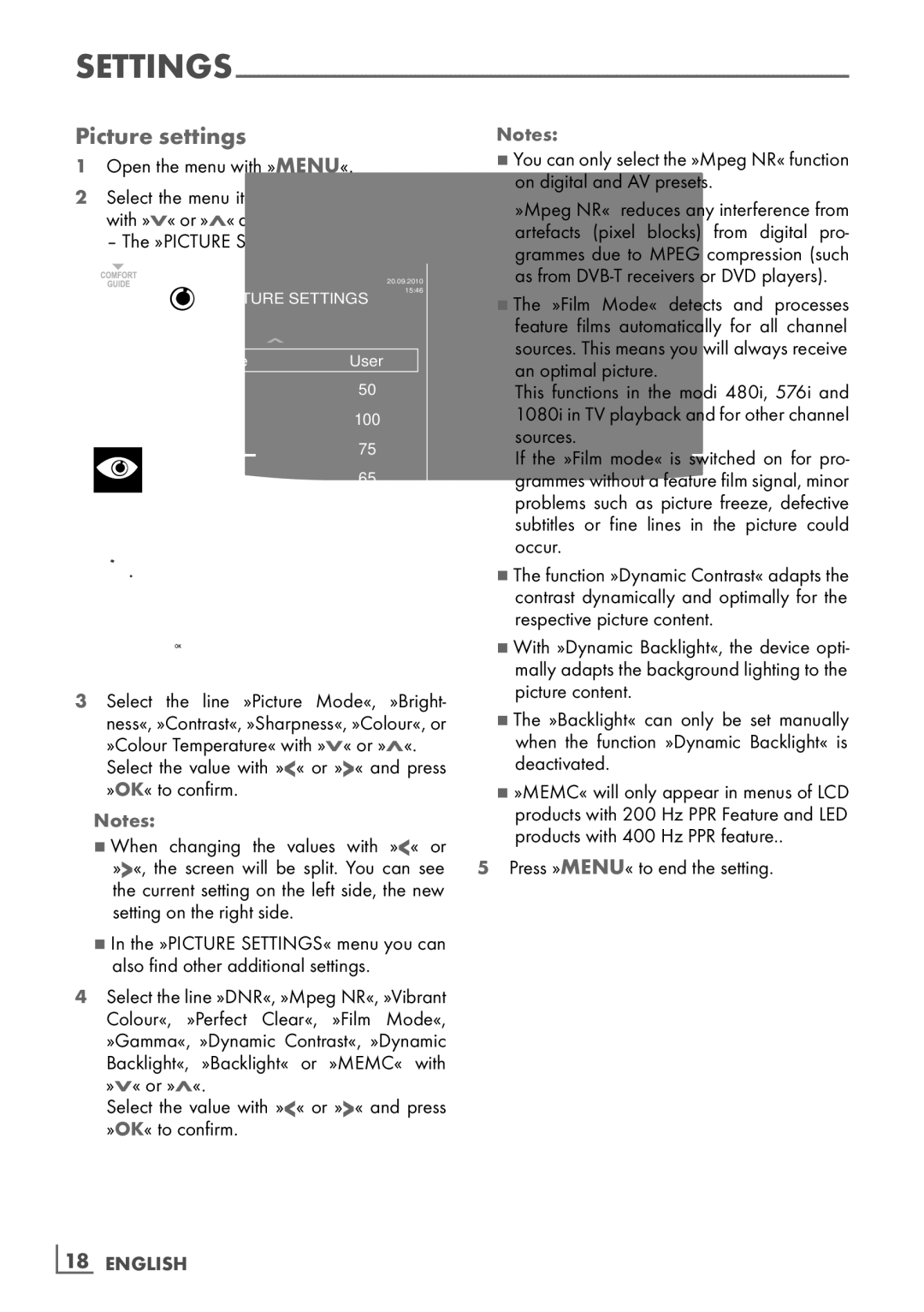 Grundig 32 VLD 4201 BF manual Picture settings, Setting­ on the right side, As from DVB-T receivers or DVD players­ 