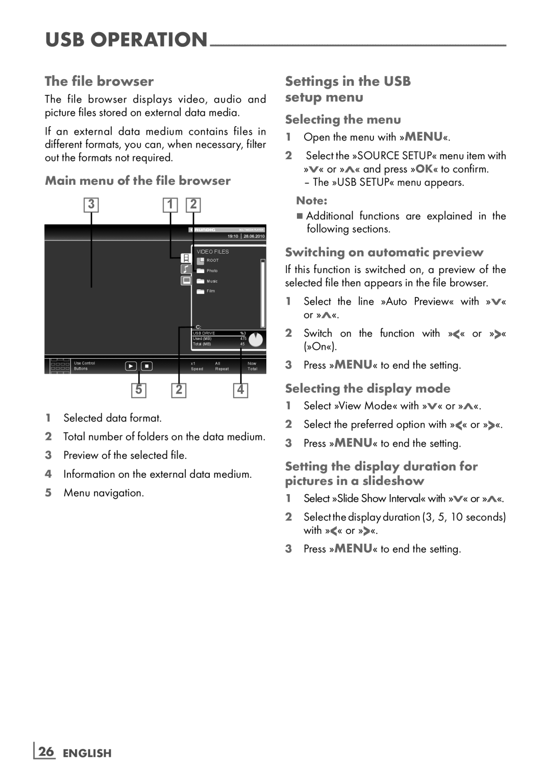 Grundig 32 VLD 4201 BF manual File browser, Settings in the USB ­ setup menu 