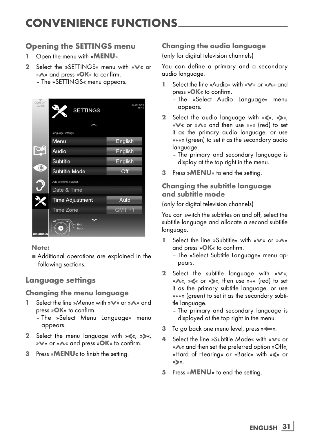 Grundig 32 VLD 4201 BF manual Opening the Settings menu, Language settings 