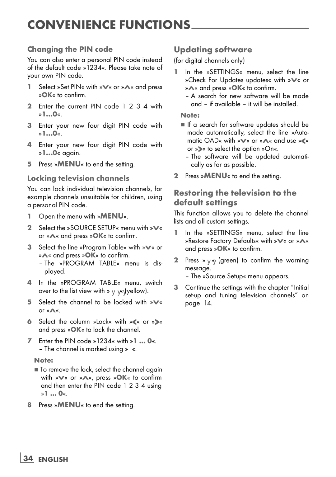 Grundig 32 VLD 4201 BF Updating software, Restoring the television to the default settings, Locking television channels 