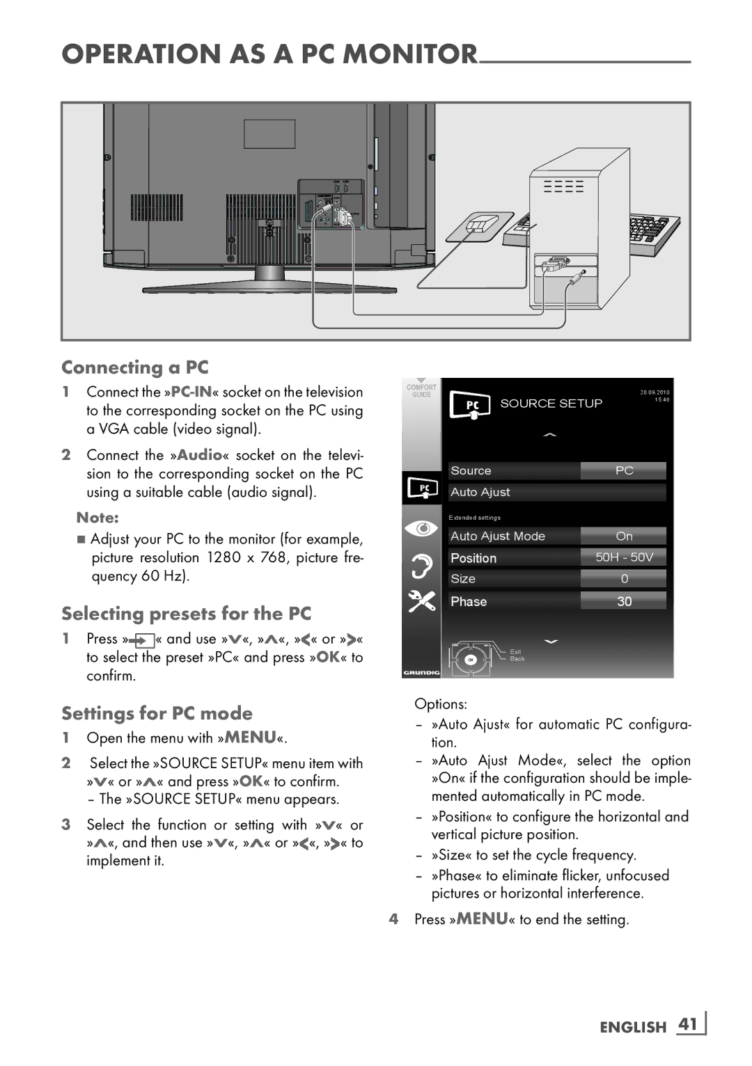 Grundig 32 VLD 4201 BF manual Connecting a PC, Selecting presets for the PC, Settings for PC mode 