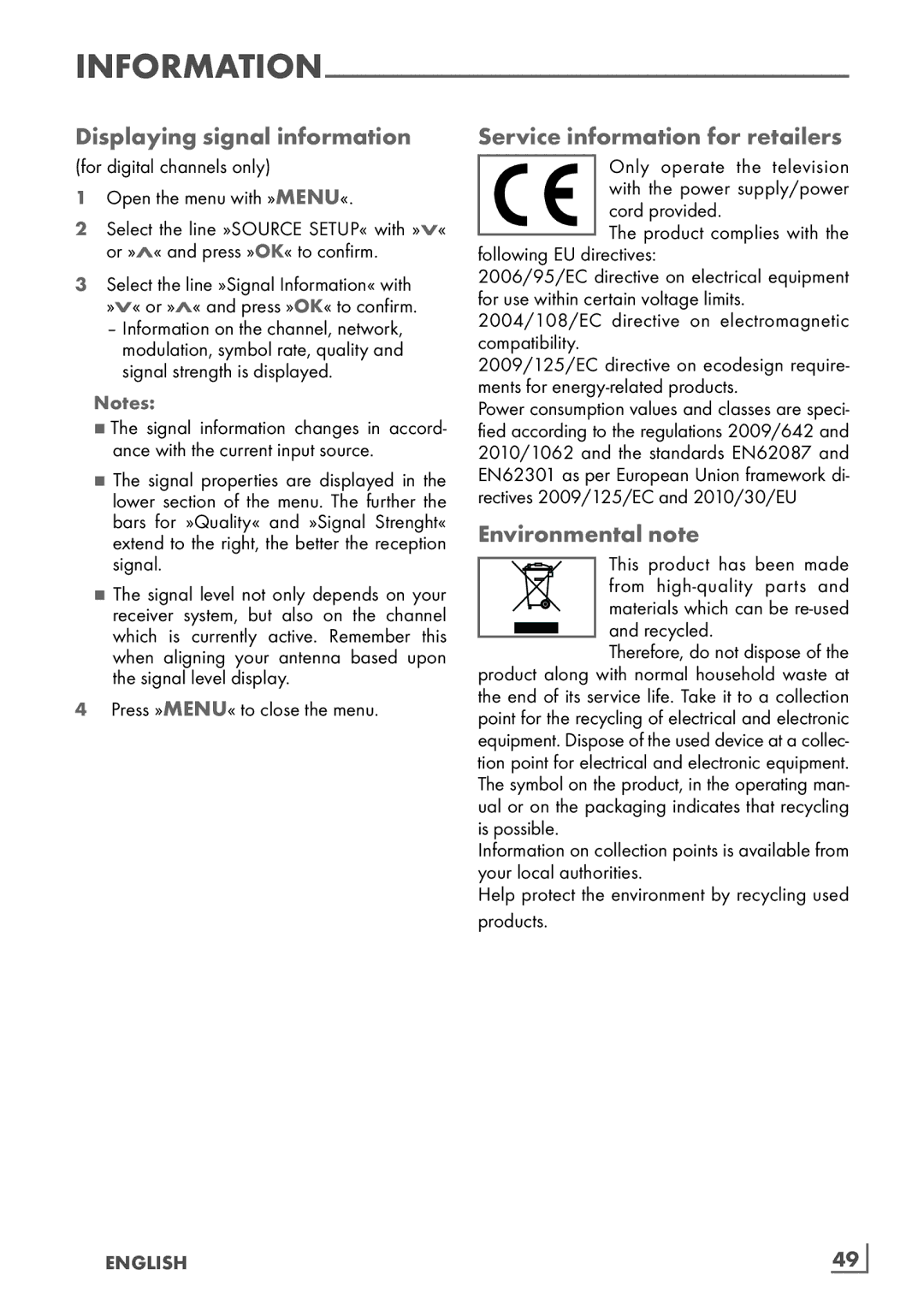 Grundig 32 VLD 4201 BF manual Displaying signal information, Service information for retailers, Environmental note 