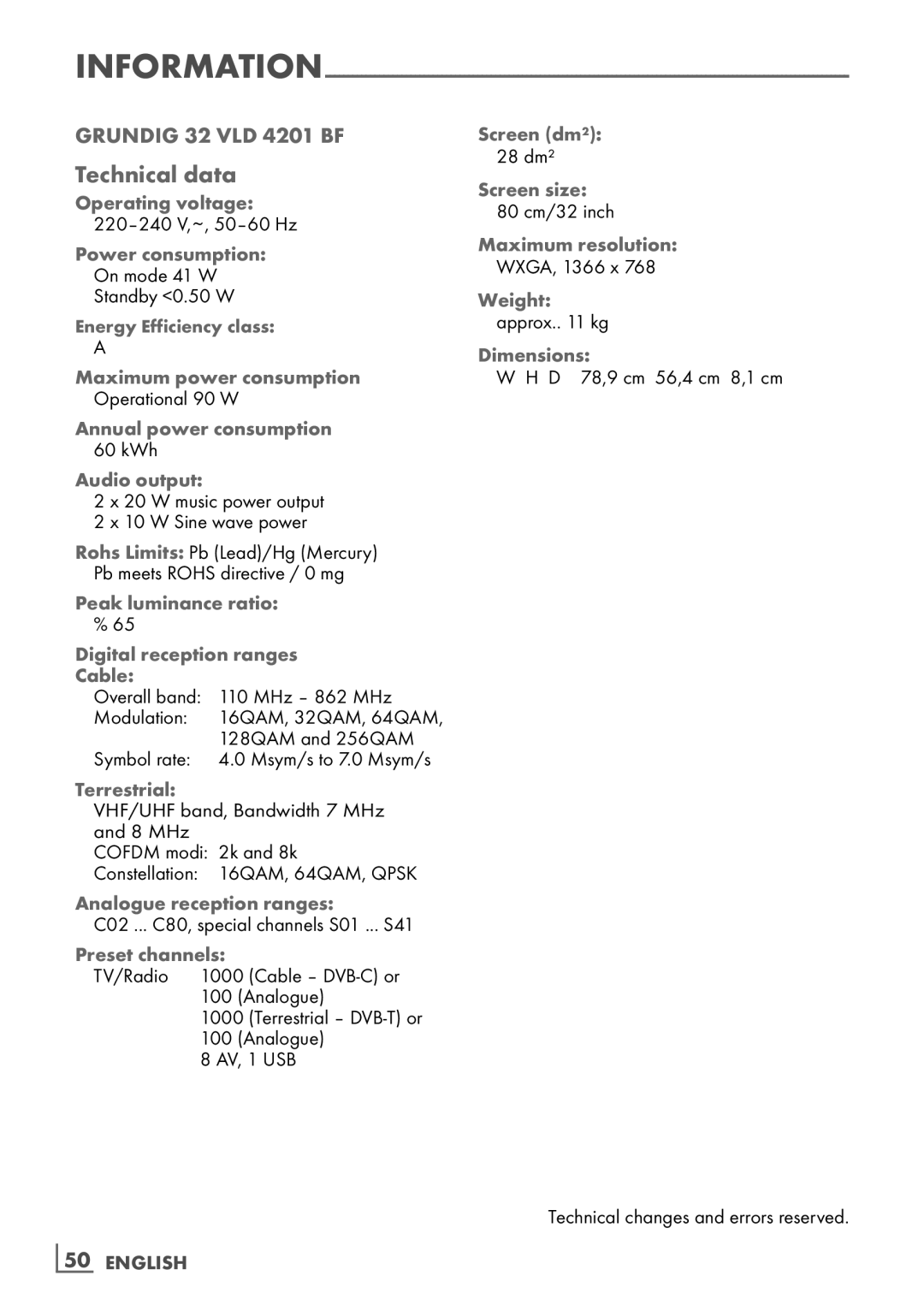 Grundig 32 VLD 4201 BF manual Technical data 