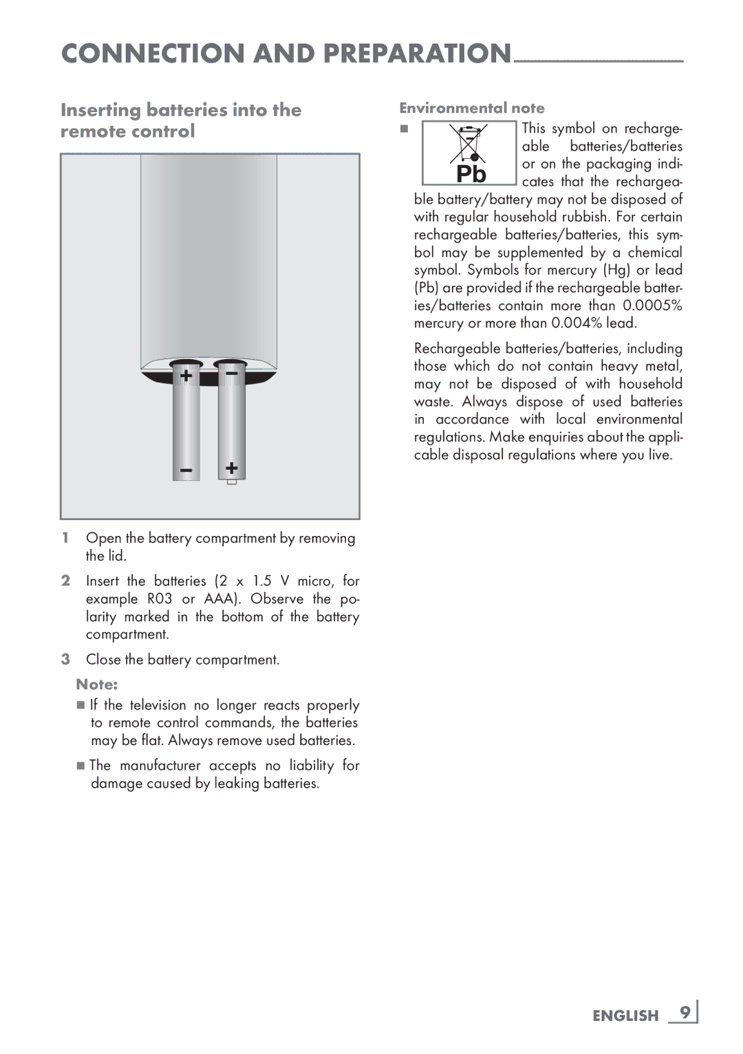 Grundig 32 VLD 4201 BF Inserting batteries into the ­remote control, Open the battery compartment by removing the lid 