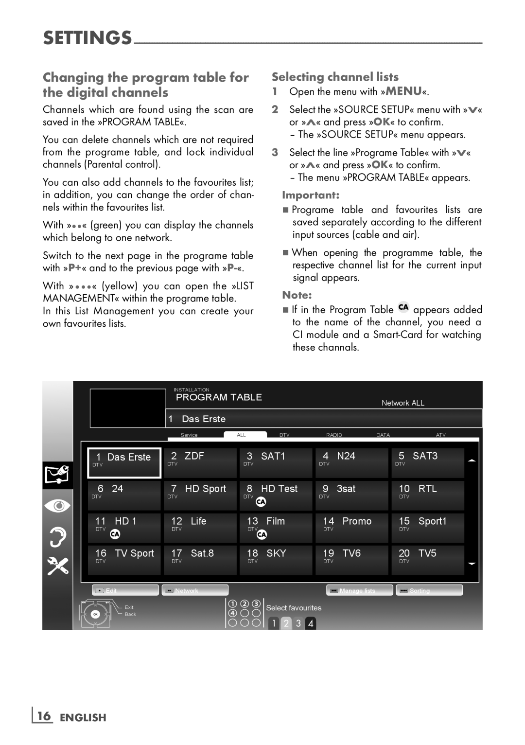 Grundig 32 VLD 4201 BF Changing the program table for the digital channels, Selecting channel lists, ­16 ENGLISH, SAT1 