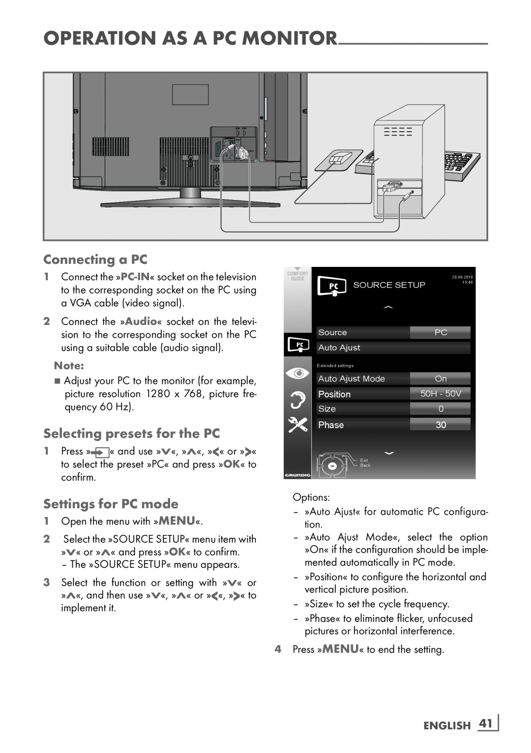 Grundig 32 VLD 4201 BF manual Connecting a PC, Selecting presets for the PC, Settings for PC mode, ENGLISH ­41 