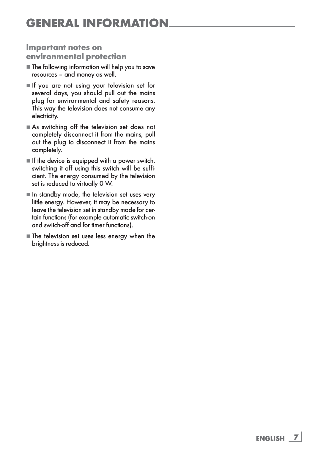 Grundig 32 VLD 4201 BF manual Important notes on environmental protection, ENGLISH ­7, General information 