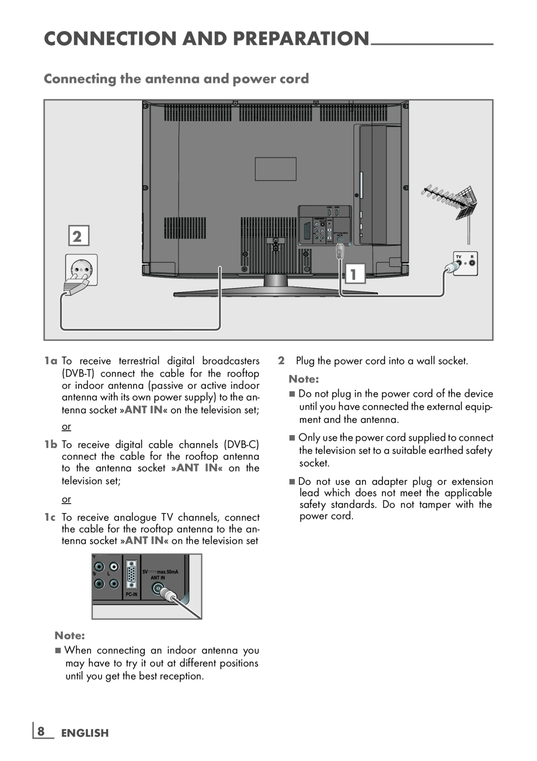 Grundig 32 VLD 4201 BF manual Connecting the antenna and power cord, Connection and preparation, ­8 ENGLISH 