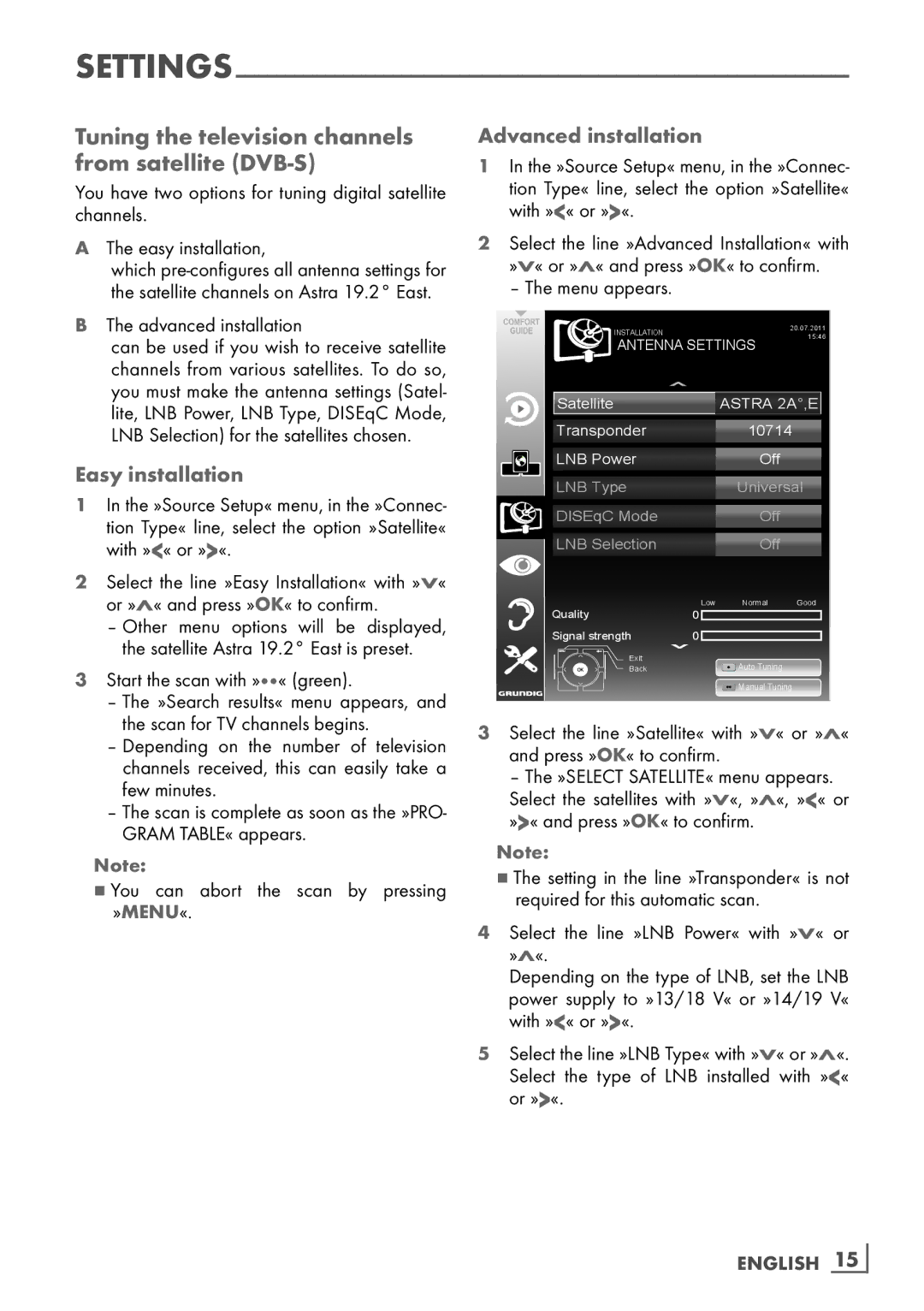 Grundig 32 VLD 8130 SL manual Tuning the television channels from satellite DVB-S, Easy installation, Advanced installation 