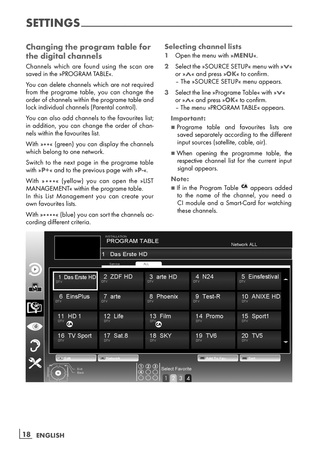 Grundig 32 VLD 8130 SL manual Changing the program table for the digital channels, Selecting channel lists, ­18 English 