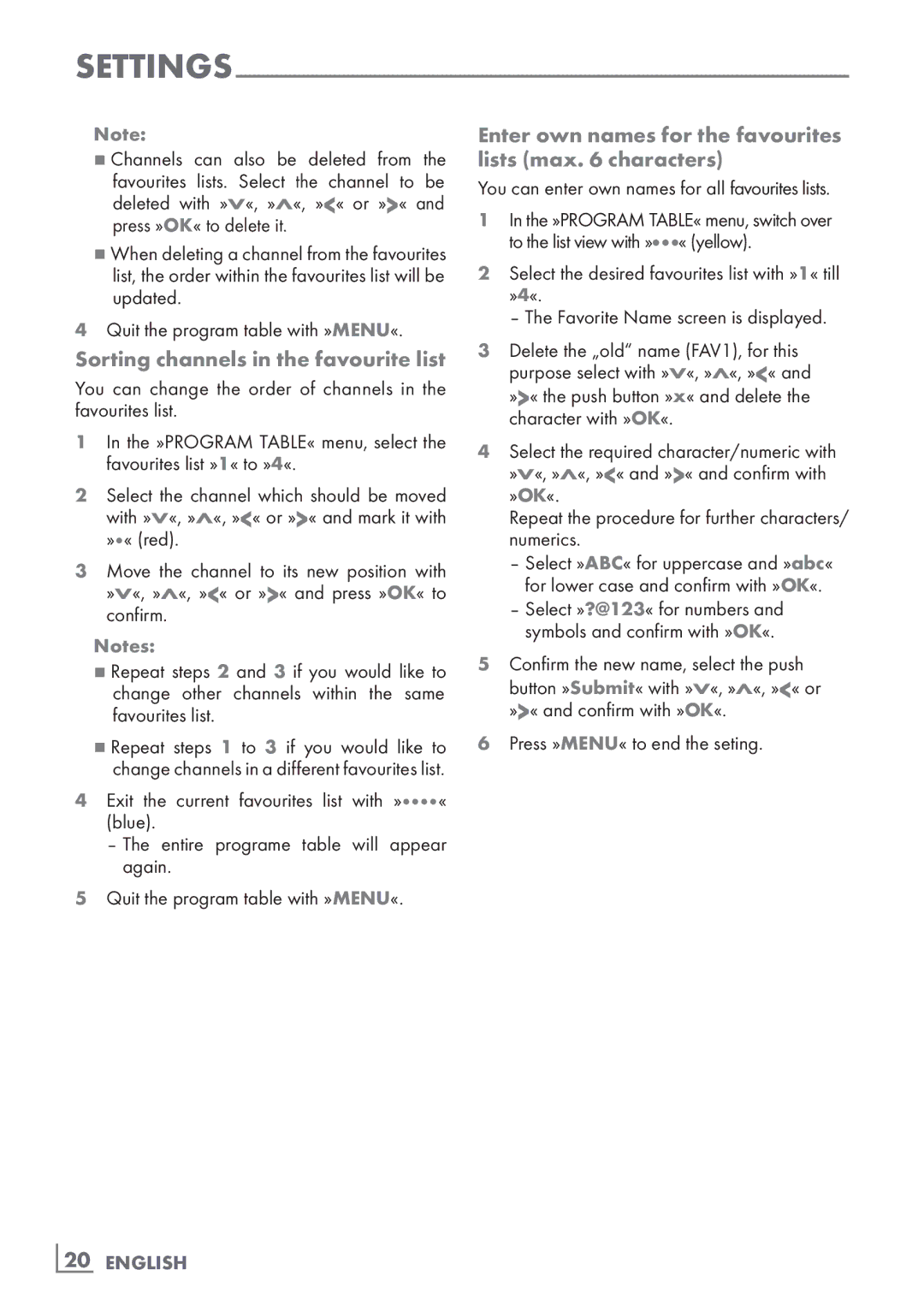 Grundig 32 VLD 8130 SL Sorting channels in the favourite list, Enter own names for the favourites lists max characters 