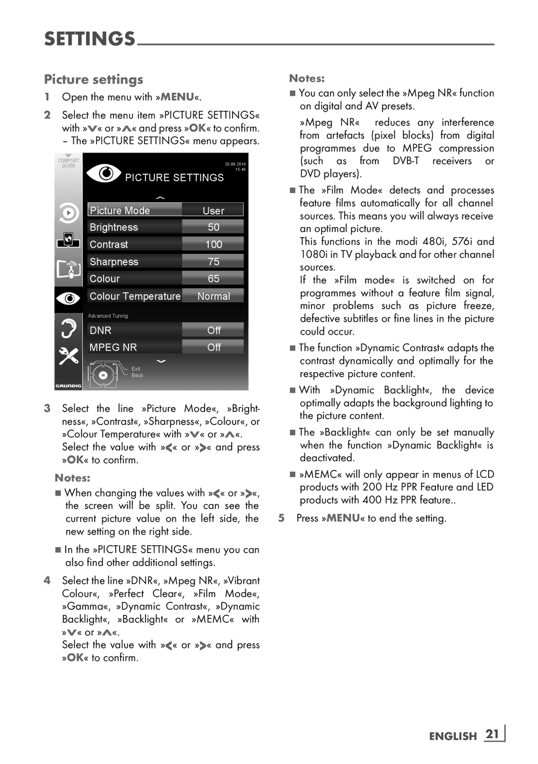 Grundig 32 VLD 8130 SL manual Picture settings, English ­21 