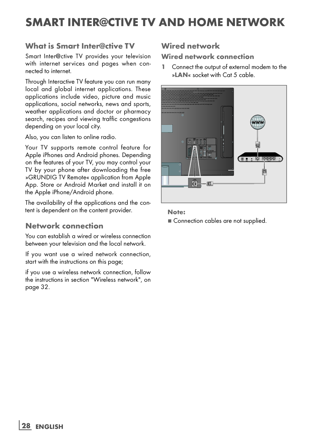 Grundig 32 VLD 8130 SL manual What is Smart Inter@ctive TV, Network connection, Wired network connection, ­28 English 