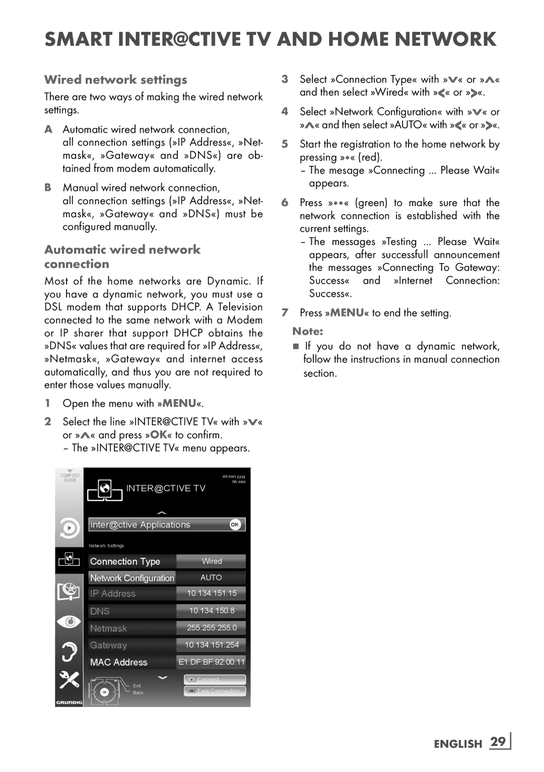 Grundig 32 VLD 8130 SL manual Wired network settings, Automatic wired network ­ connection, Manual wired network connection 